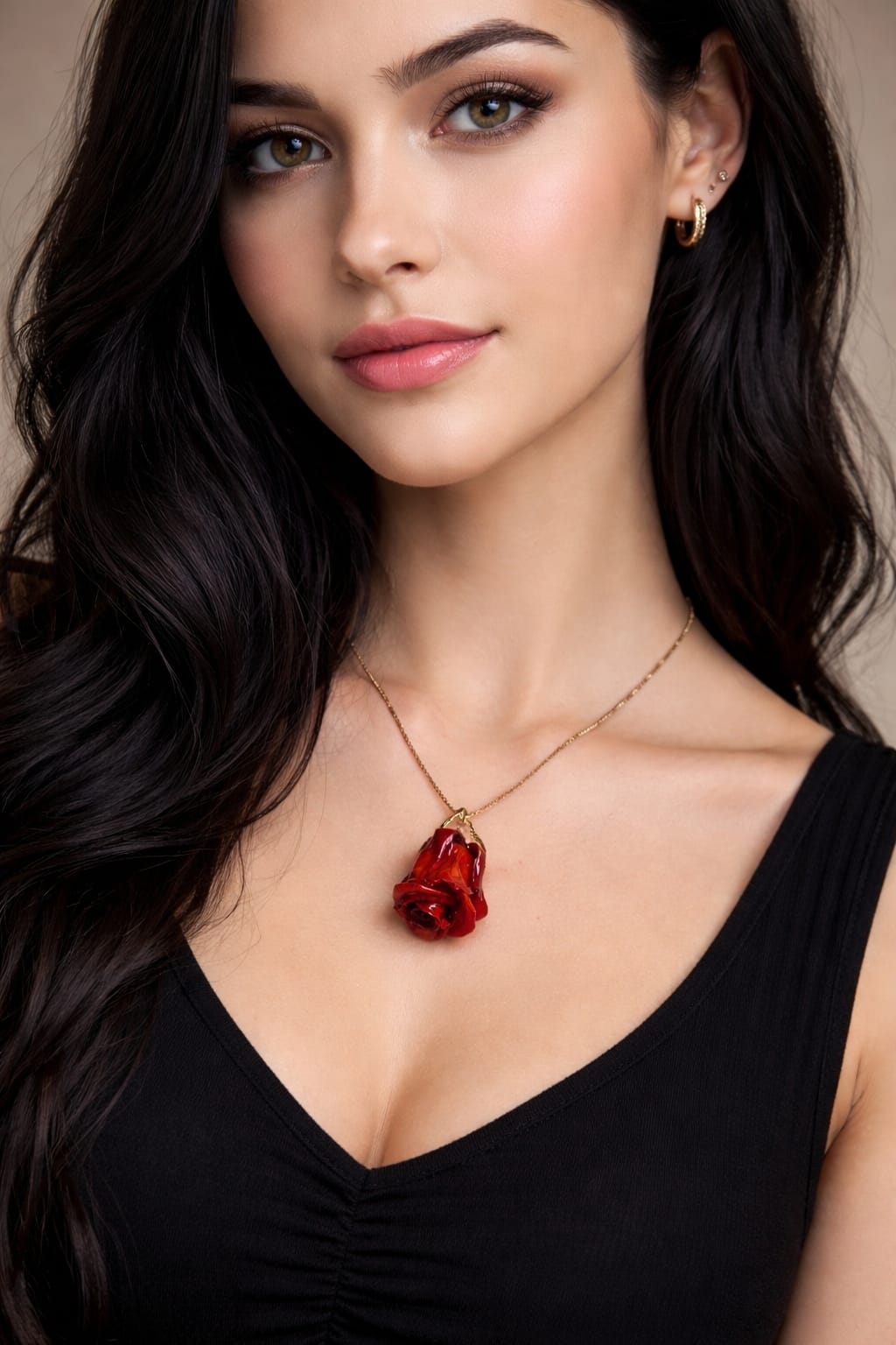 Ciondolo con rosa rossa in resina indossato con catena dorata
