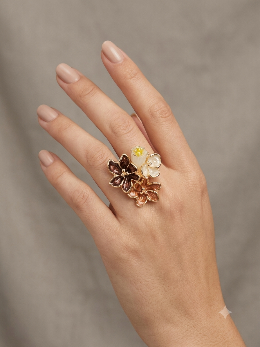 Anello - Mughetto con montatura smaltata floreale