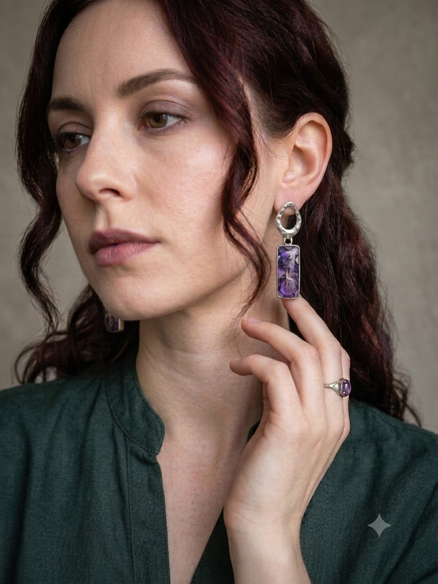 Orecchini - Barrette sfumature resina viola con fiore di paglia