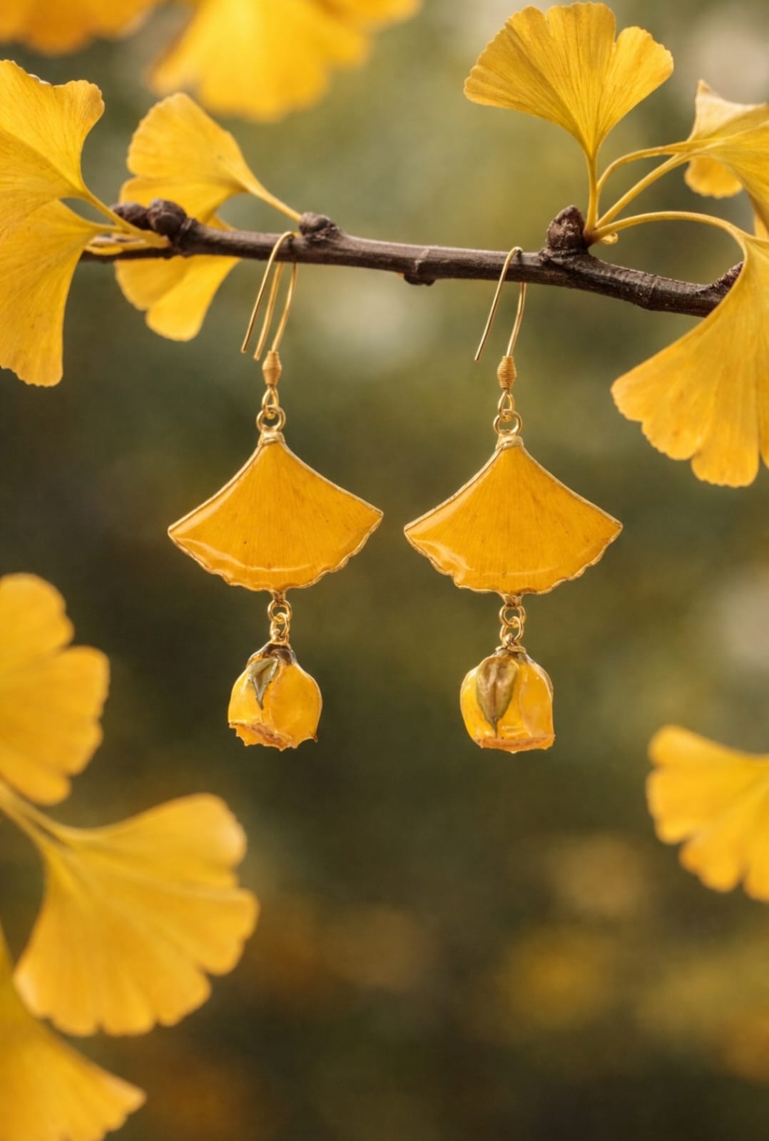 Orecchini - Foglia ginkgo giallo e rosellina gialla