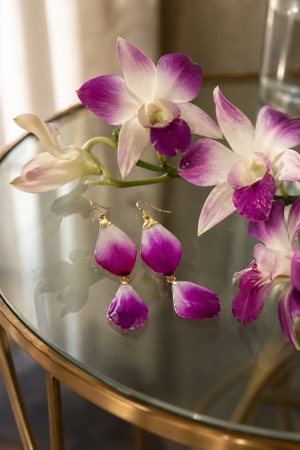 Orecchini - Petali doppi di orchidea bianco e viola