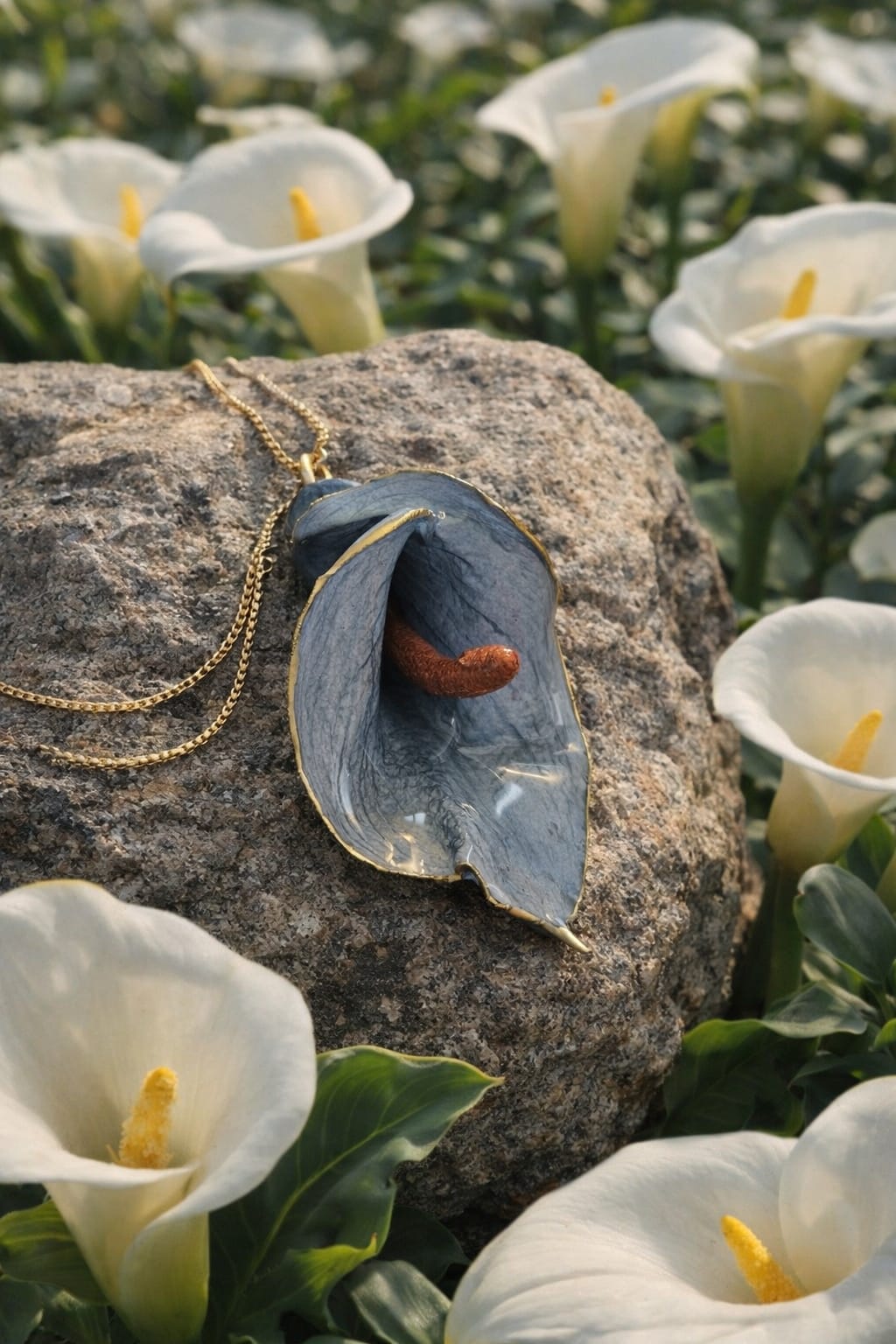 fiore calla blu in resina ciondolo artigianale Petali sulla Pelle