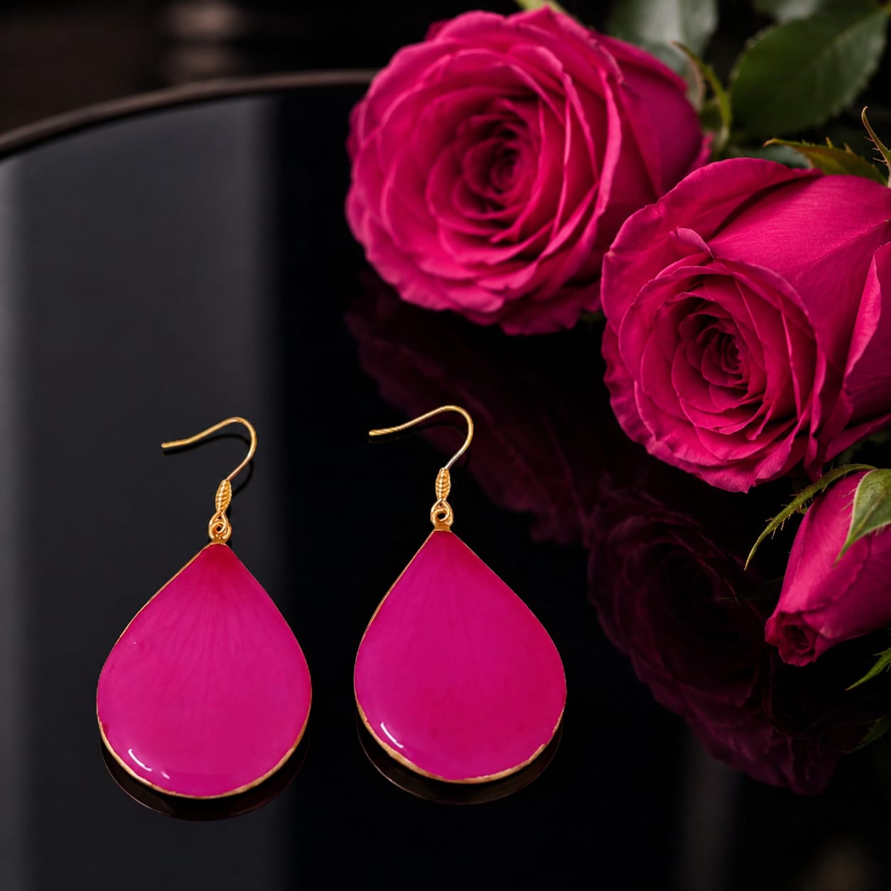 Orecchini artigianali con petali di rosa fuxia conservati in resina