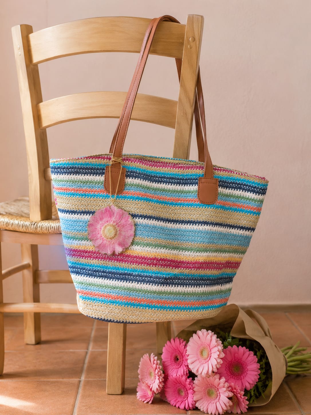 Primizie - Borsetta Mille righe in tessuto intrecciato con gerbera