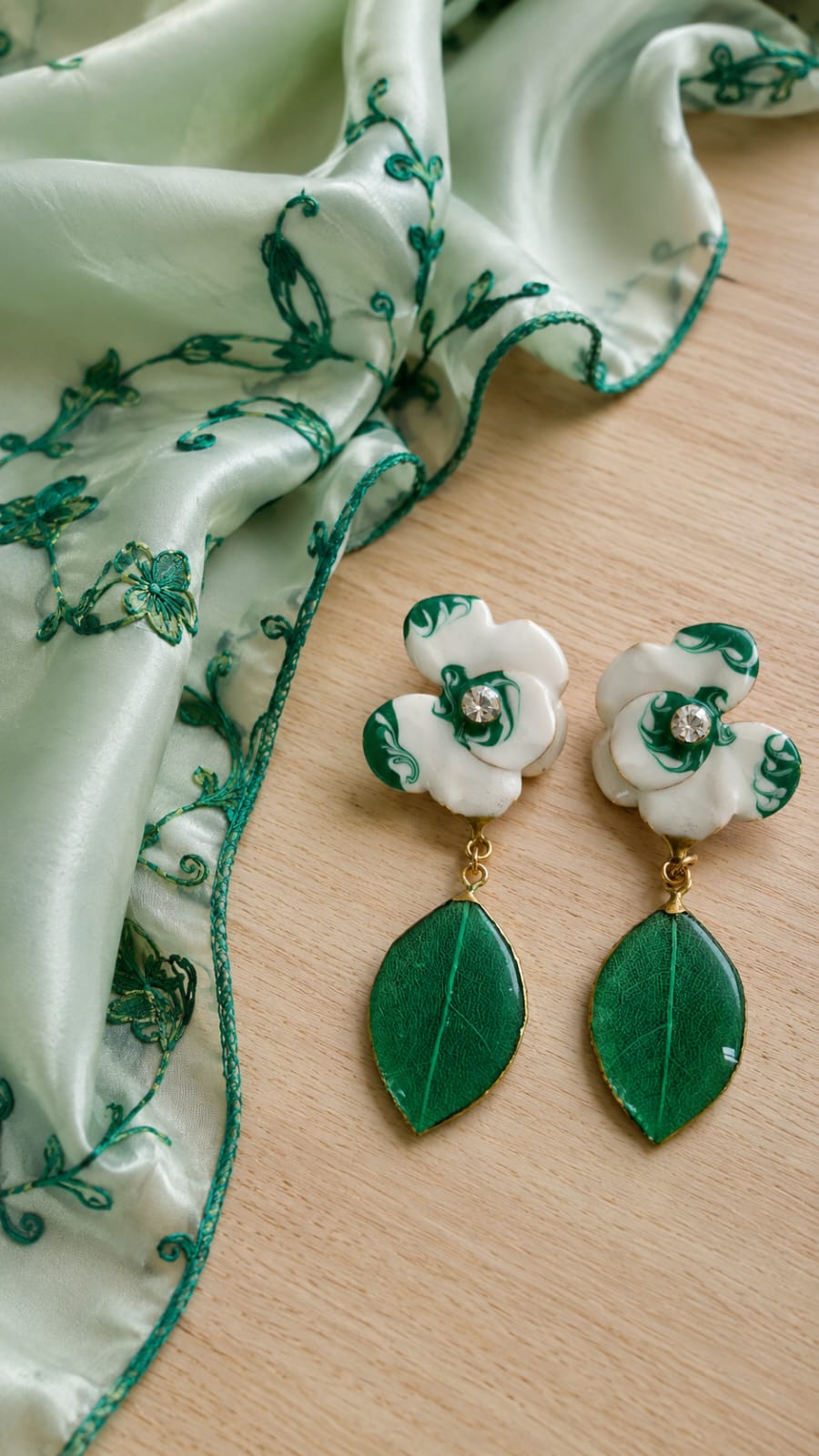 Primizie-orecchini magnolia verde più montatura smaltata bianca/verde