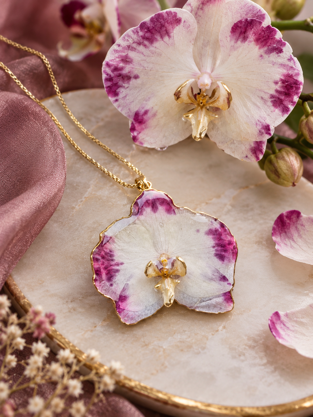 Ciondolo - Orchidea variopinta bianca e fucsia