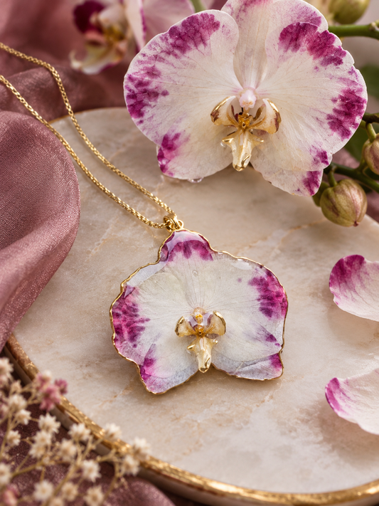 Ciondolo - Orchidea variopinta bianca e fucsia
