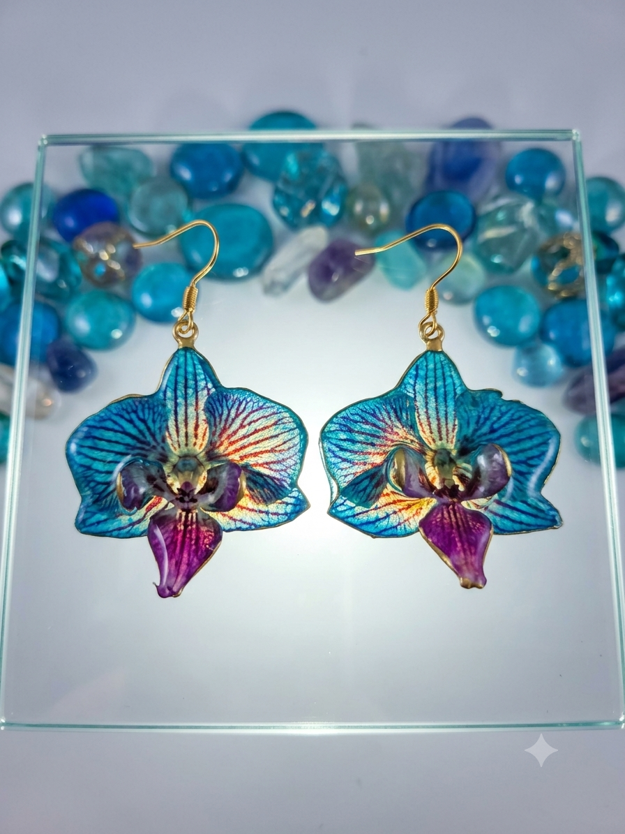 Orecchini - Orchidea azzurra e cuore viola