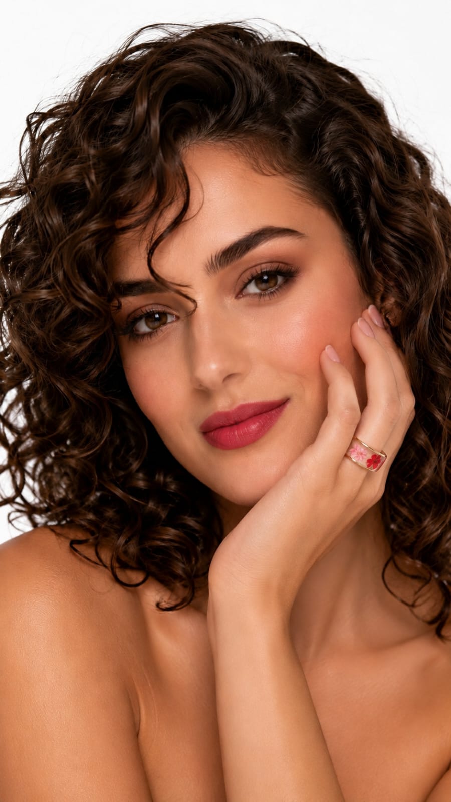 Primizie - Anello a fascia con fiorellini rossi e rosa