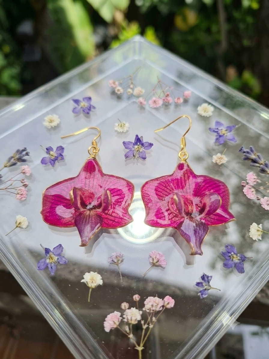Orecchini - Orchidea fucsia e cuore viola