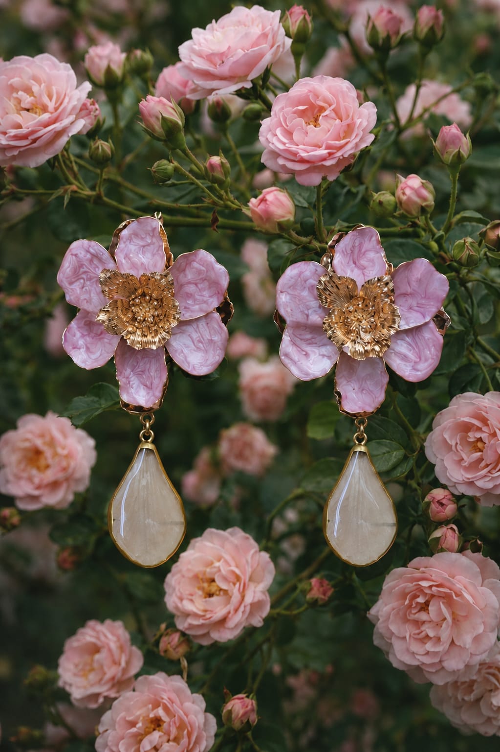 Primizie - Orecchini - Rosa smaltata gigante più petalo orchidea bianca