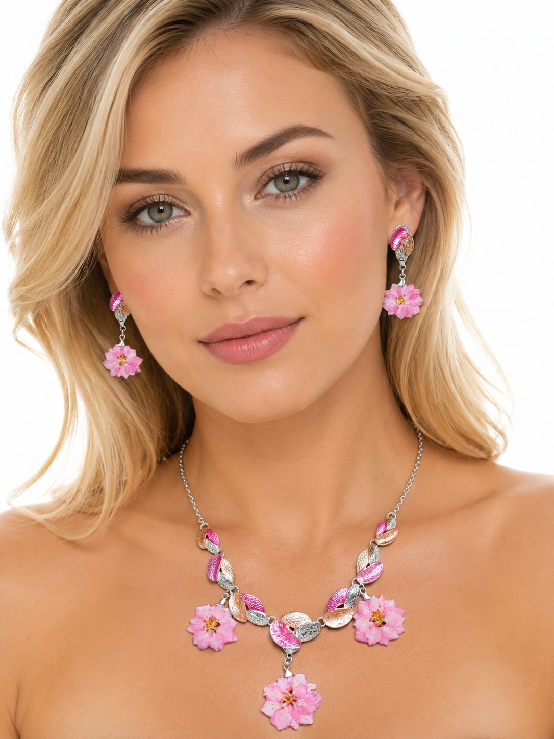 Primizie -Ciondolo/Parure rosa con iris giapponesi