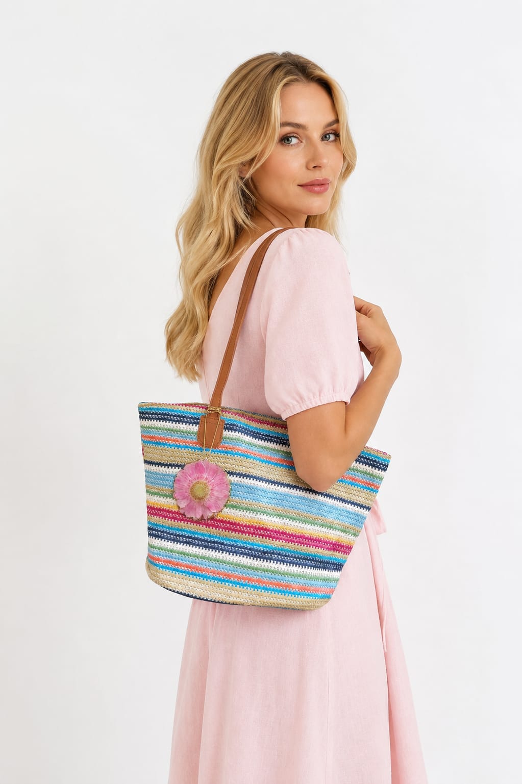 Primizie - Borsetta Mille righe in tessuto intrecciato con gerbera