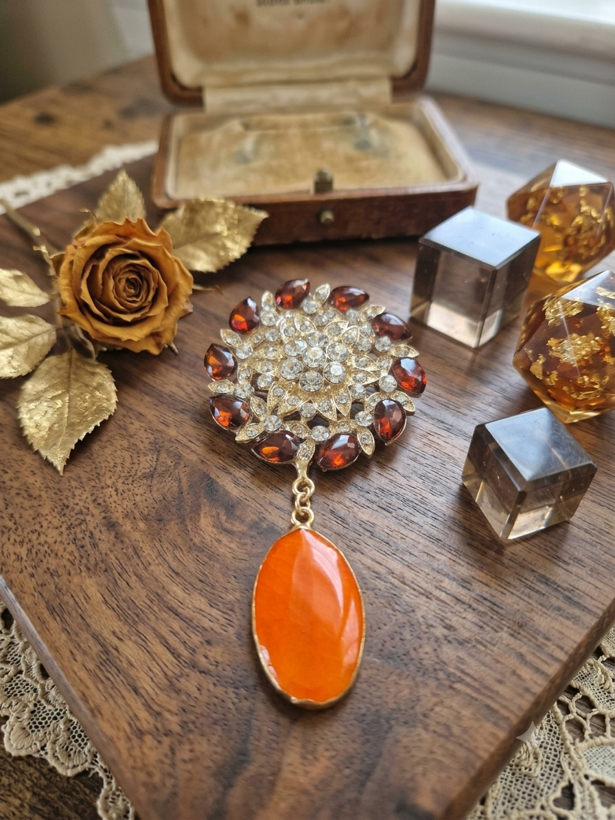 Spilla -Petalo di rosa arancione e montatura vintage
