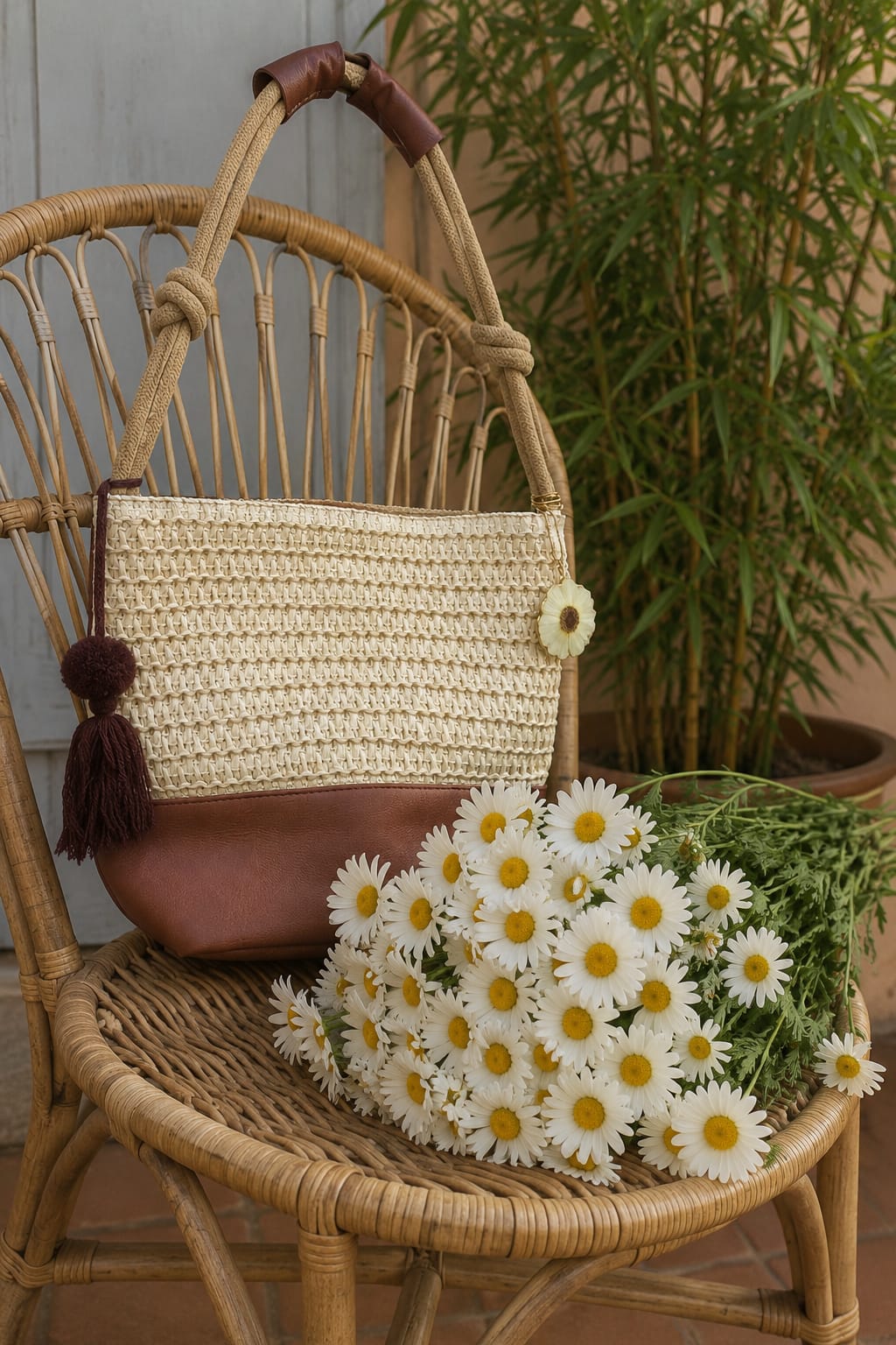 Primizie - Borsetta raffia, simil pelle e margheritone bianco