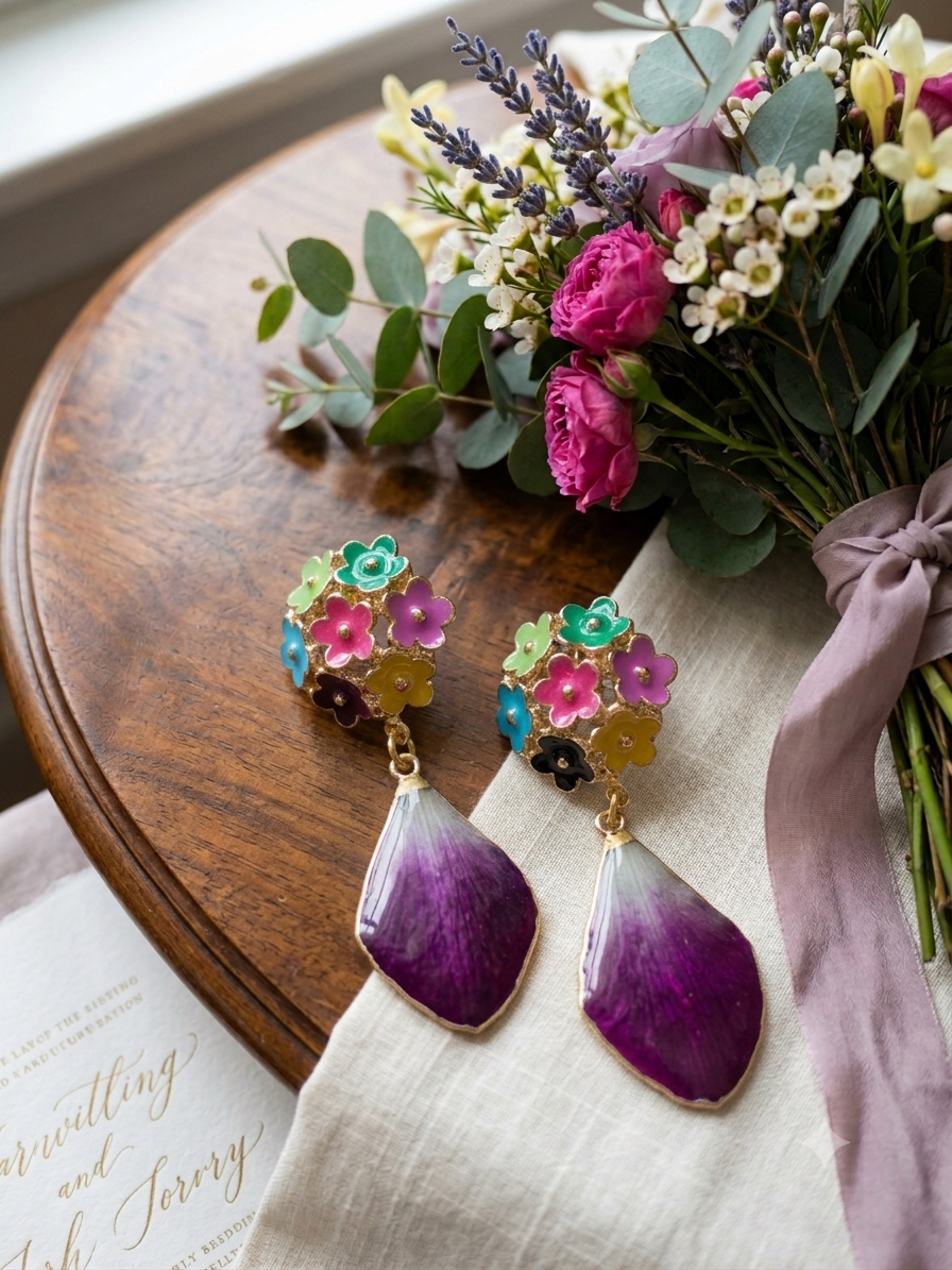 Orecchini - Petalo di orchidea e bouquet smaltato