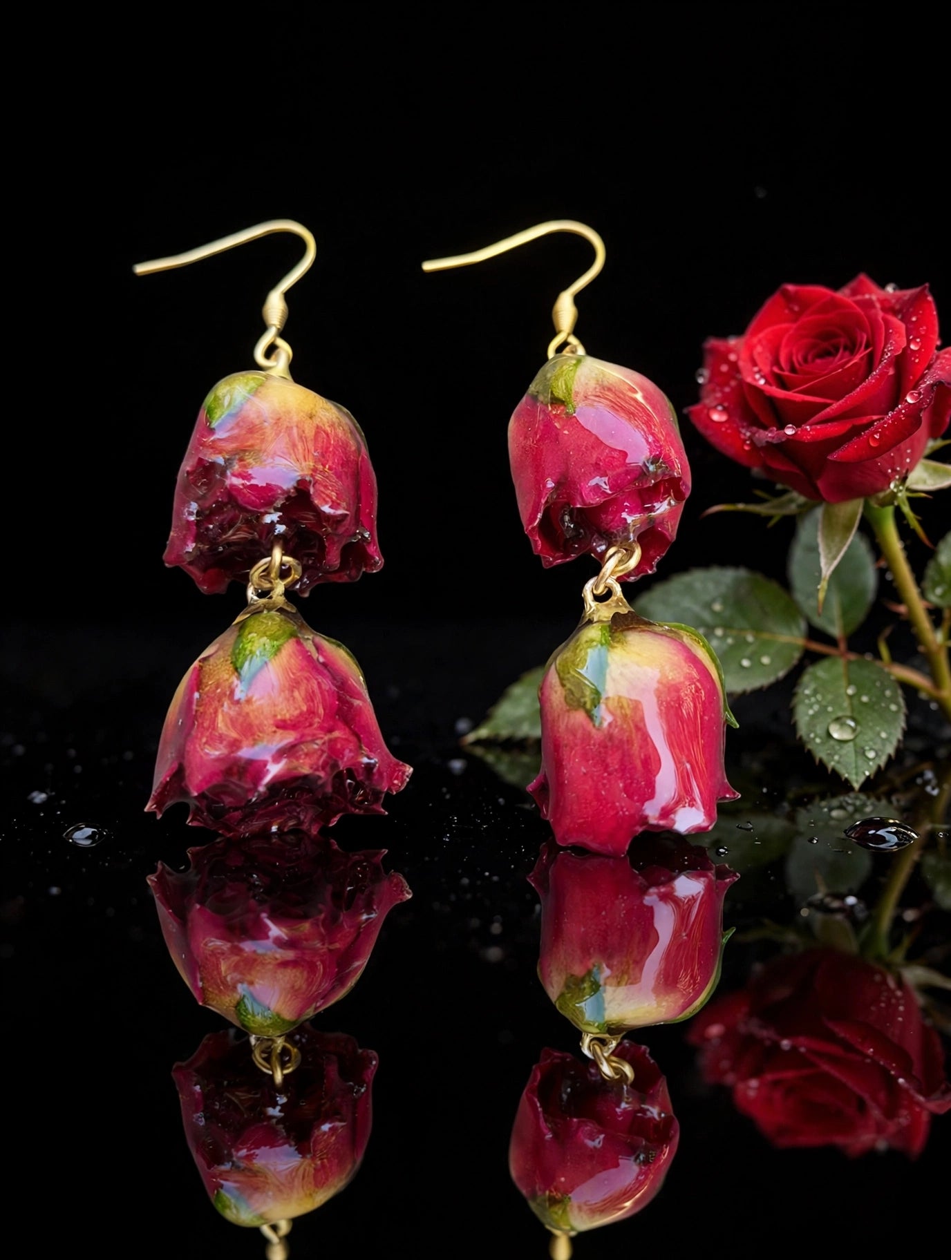 Orecchini - Roselline rosse doppie